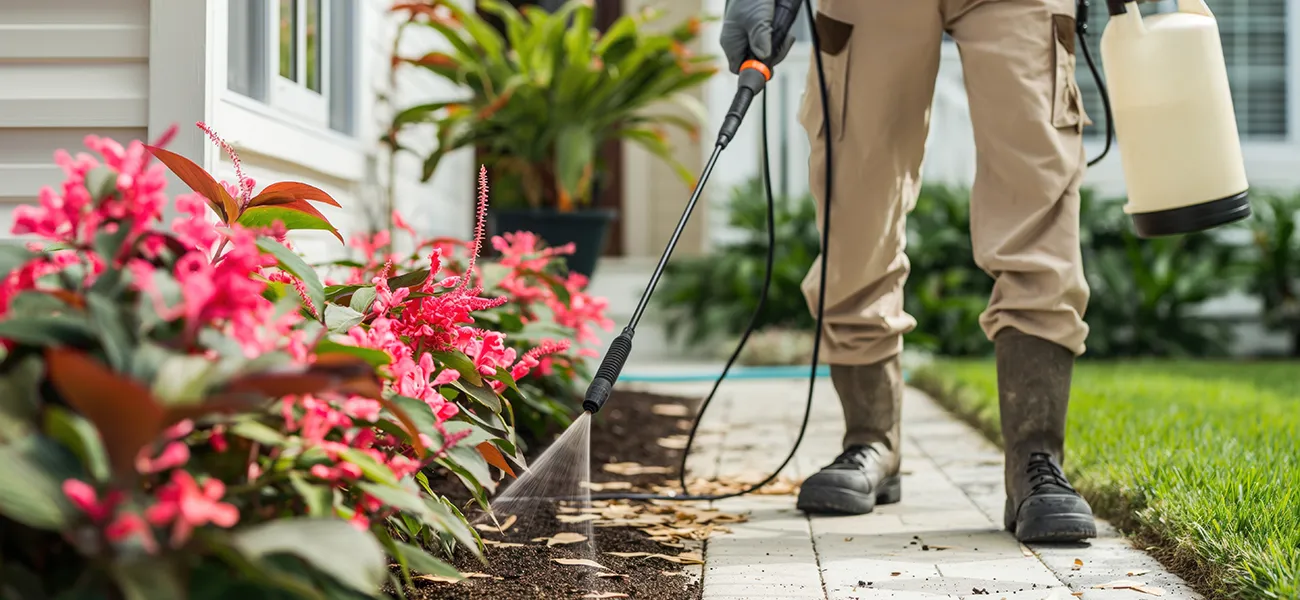 Pest control technician spraying for ticks in a garden