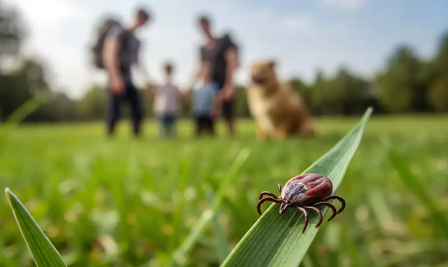 A tick perched on a blade of grass, with a family of four blurred in the background.